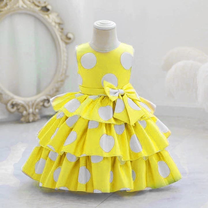 Baby Girls Yellow Polka Dot Party Dress | Tiered Ruffle Frock with Bow | Stylish Kids Birthday Outfit – UrbanVastra