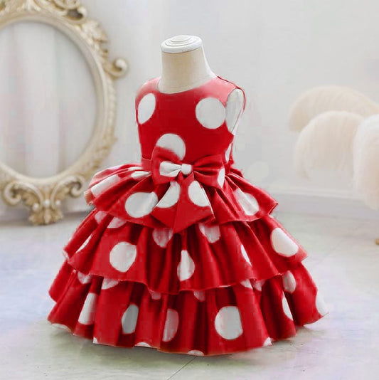 Baby Girls Red Polka Dot Party Dress with Bow | Layered Ruffle Princess Frock – Stylish Birthday Outfit | UrbanVastra
