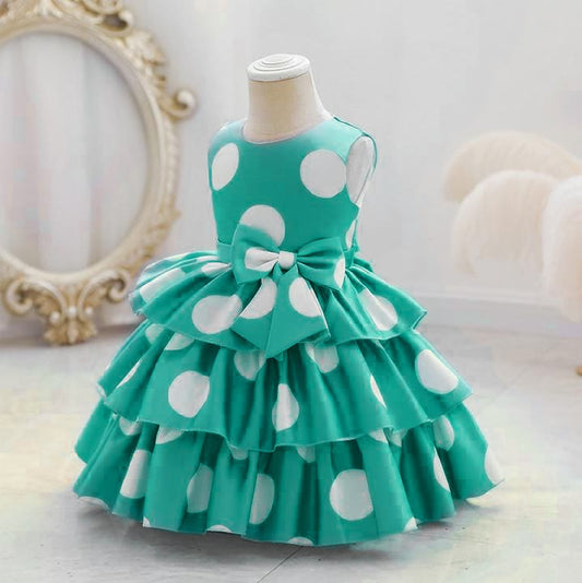 Baby Girls Mint Green Polka Dot Party Dress with Bow | Layered Ruffle Princess Frock – Stylish Birthday Outfit | UrbanVastra