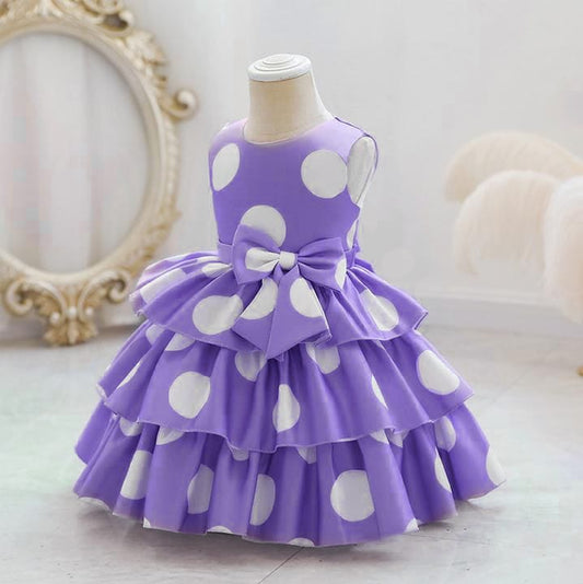 Baby Girls Lavender Polka Dot Party Dress with Bow | Layered Ruffle Princess Frock – Stylish Birthday Outfit | UrbanVastra