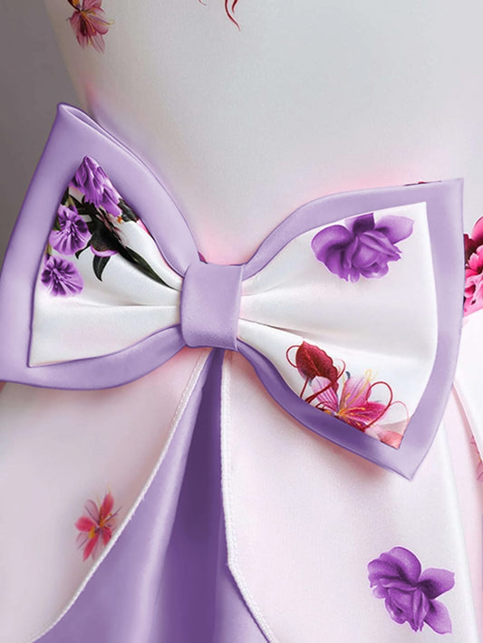 Baby Girls Lavender Floral Princess Dress with Bow | Elegant Party Wear Frock – Stylish & Lightweight