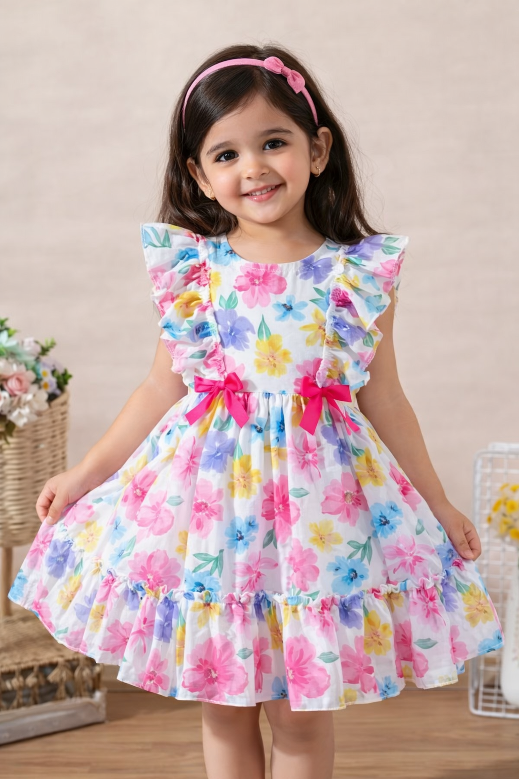 Baby Girls Floral Printed Frock Dress – Multicolor | Lightweight, Stylish & Comfortable Party Wear