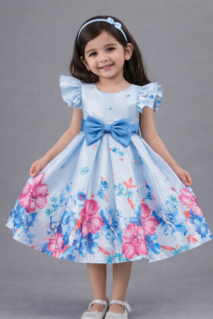 Baby Girls Blue Floral Party Dress with Bow | Elegant Princess Frock – Lightweight & Stylish