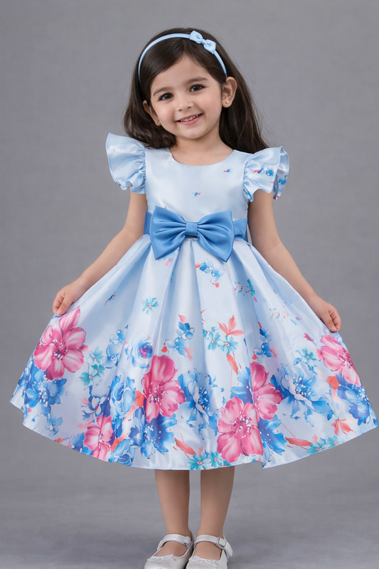 Baby Girls Blue Floral Party Dress with Bow | Elegant Princess Frock – Lightweight & Stylish