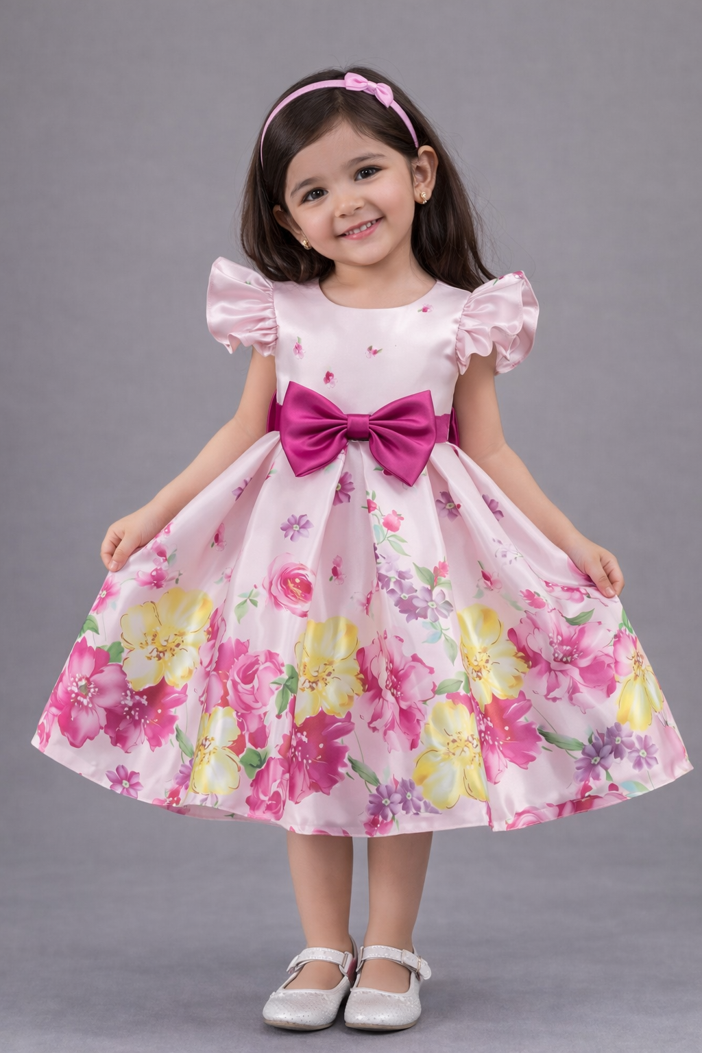 Baby Girls Pink Floral Party Dress with Bow | Elegant Princess Frock – Stylish & Lightweight