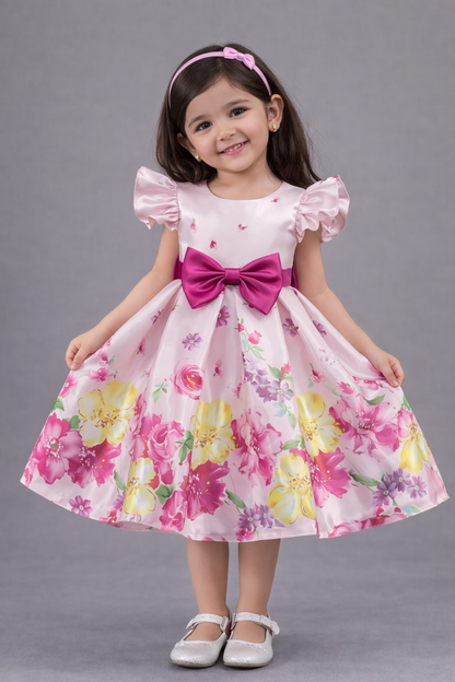 Baby Girls Pink Floral Party Dress with Bow | Elegant Princess Frock – Stylish & Lightweight