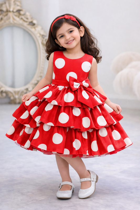 Baby Girls Red Polka Dot Party Dress with Bow | Layered Ruffle Princess Frock – Stylish Birthday Outfit | UrbanVastra
