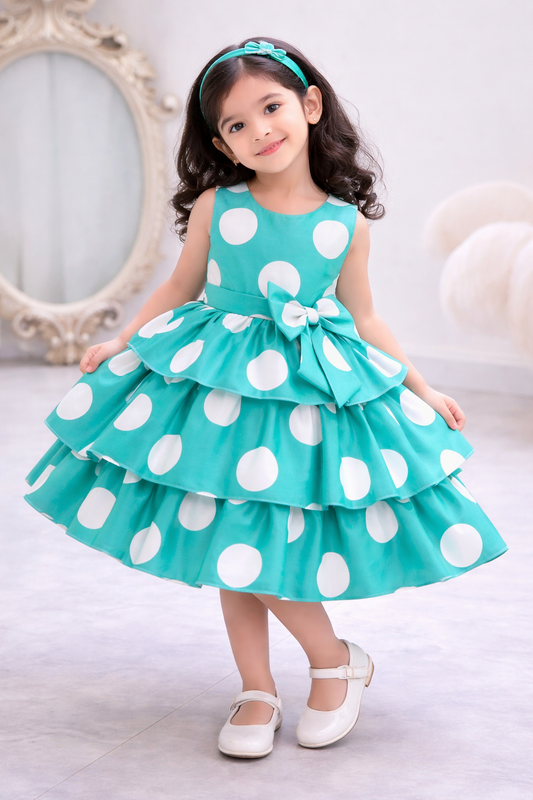 Baby Girls Mint Green Polka Dot Party Dress with Bow | Layered Ruffle Princess Frock – Stylish Birthday Outfit | UrbanVastra