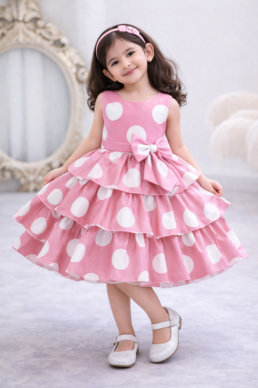 Baby Girls Pink Polka Dot Party Dress with Bow | Layered Ruffle Princess Frock – Stylish Birthday Outfit | UrbanVastra