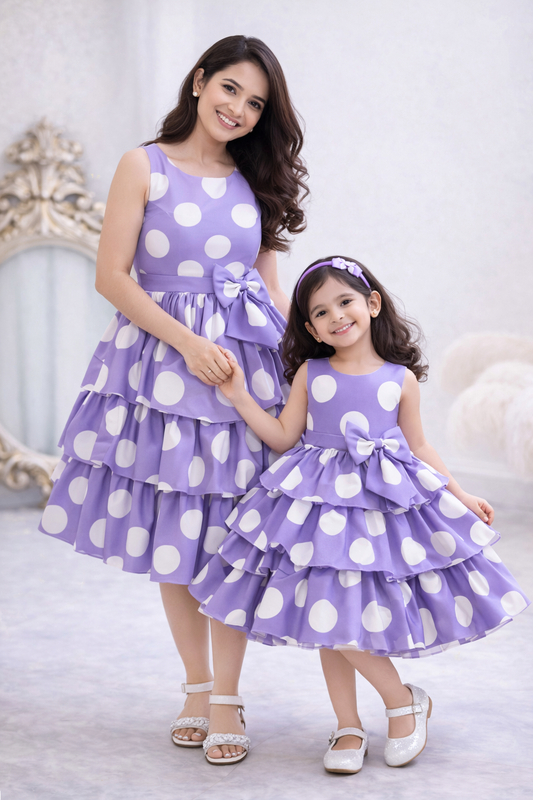 UrbanVastra Mom & Daughter Matching Lavender Polka Dot Dress Set | Stylish Family Matching Outfit | Party & Occasion Wear