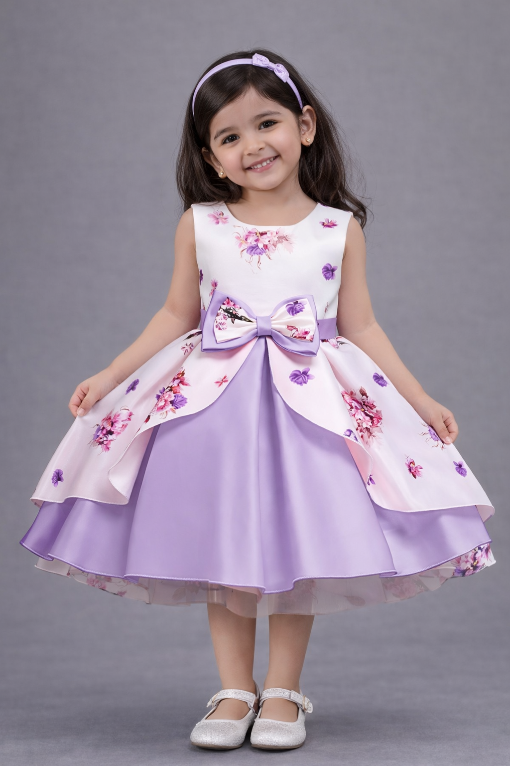 Baby Girls Lavender Floral Princess Dress with Bow | Elegant Party Wear Frock – Stylish & Lightweight