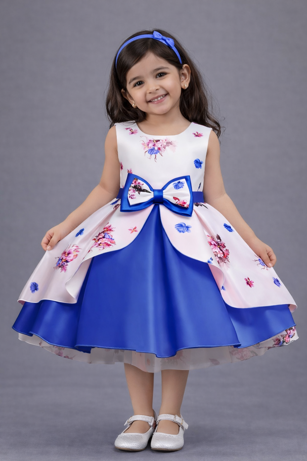 Baby Girls Blue & White Floral Princess Dress with Bow | Elegant Party Wear Frock for Kids – UrbanVastra