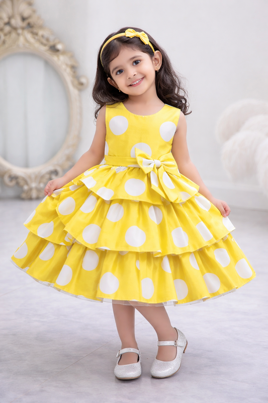 Baby Girls Yellow Polka Dot Party Dress | Tiered Ruffle Frock with Bow | Stylish Kids Birthday Outfit – UrbanVastra