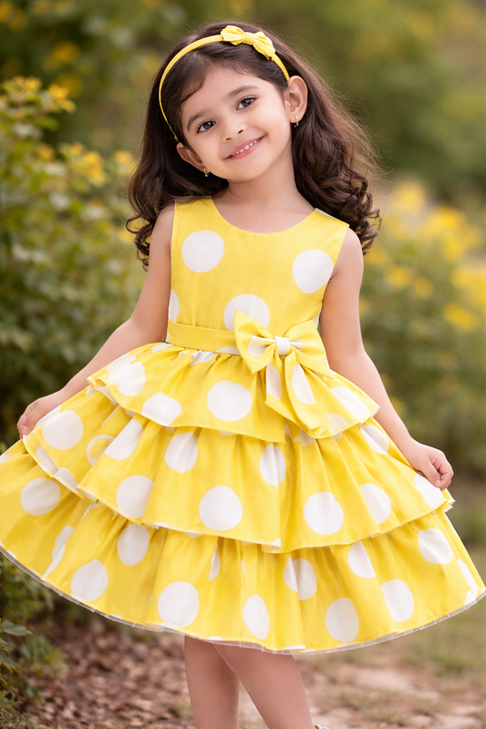 Baby Girls Yellow Polka Dot Party Dress | Tiered Ruffle Frock with Bow | Stylish Kids Birthday Outfit – UrbanVastra