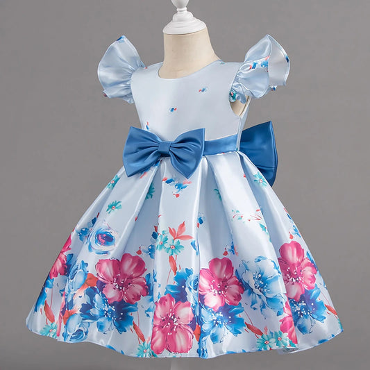 Baby Girls Blue Floral Party Dress with Bow | Elegant Princess Frock – Lightweight & Stylish