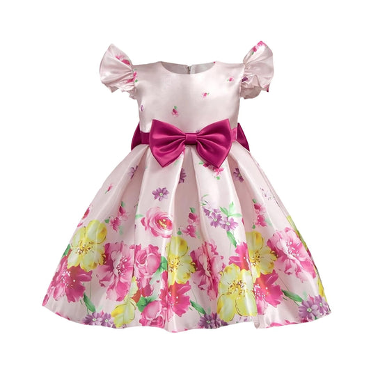 Baby Girls Pink Floral Party Dress with Bow | Elegant Princess Frock – Stylish & Lightweight