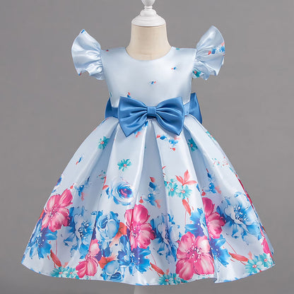 Baby Girls Blue Floral Party Dress with Bow | Elegant Princess Frock – Lightweight & Stylish