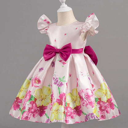 Baby Girls Pink Floral Party Dress with Bow | Elegant Princess Frock – Stylish & Lightweight