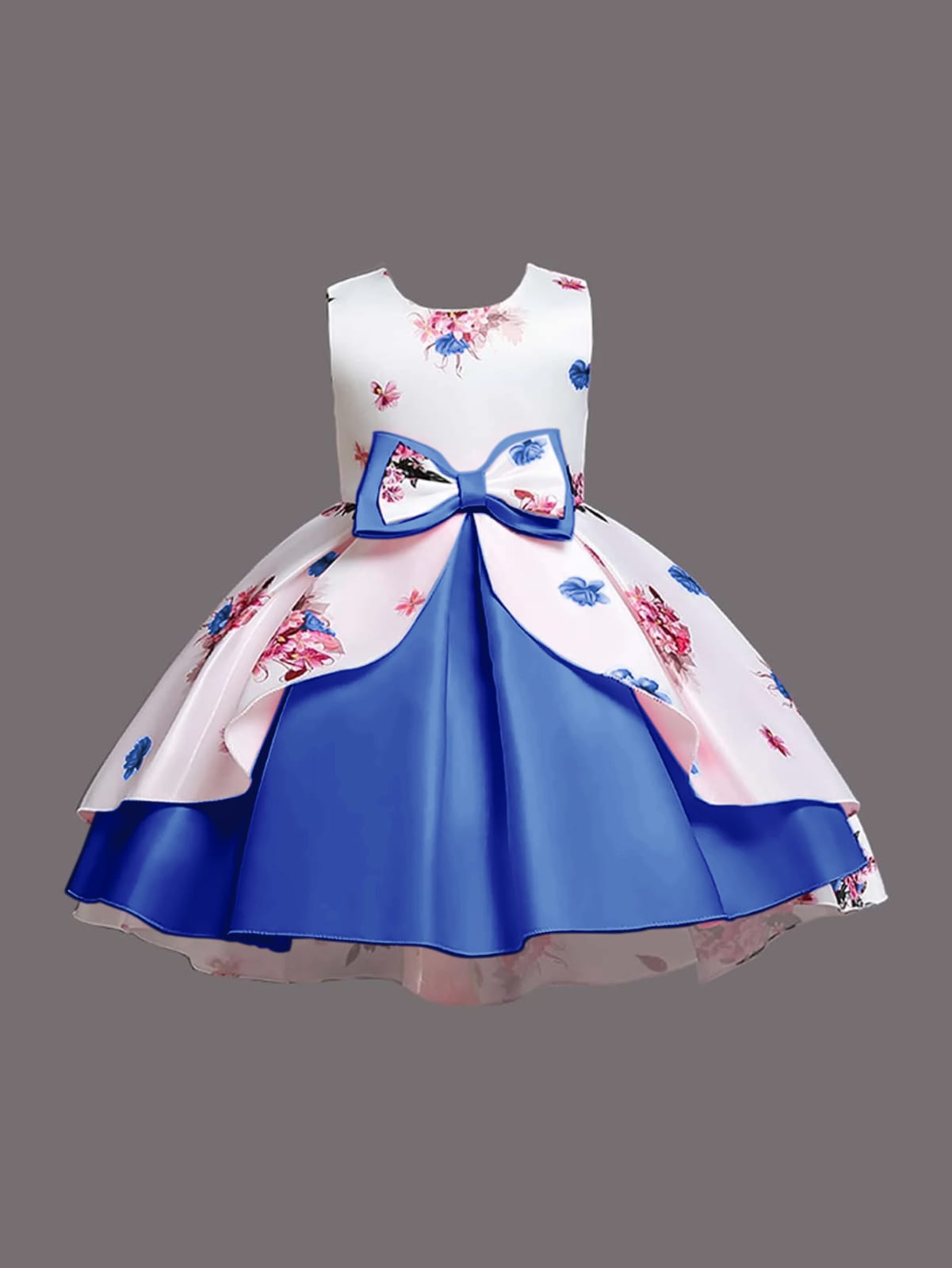 Baby Girls Blue & White Floral Princess Dress with Bow | Elegant Party Wear Frock for Kids – UrbanVastra