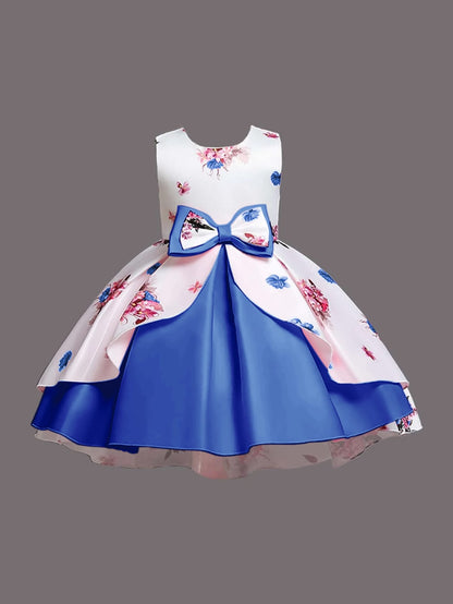 Baby Girls Blue & White Floral Princess Dress with Bow | Elegant Party Wear Frock for Kids – UrbanVastra