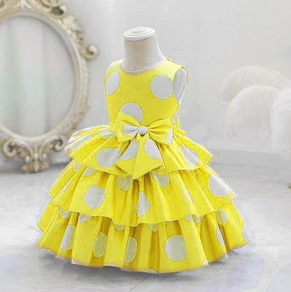 Baby Girls Yellow Polka Dot Party Dress | Tiered Ruffle Frock with Bow | Stylish Kids Birthday Outfit – UrbanVastra