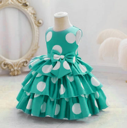 Baby Girls Mint Green Polka Dot Party Dress with Bow | Layered Ruffle Princess Frock – Stylish Birthday Outfit | UrbanVastra