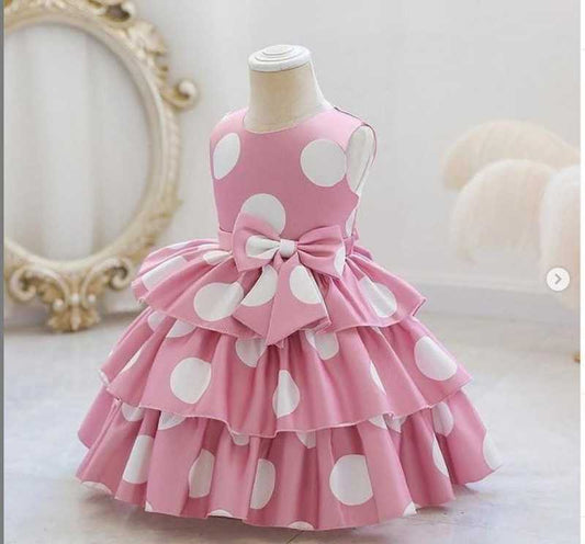 Baby Girls Pink Polka Dot Party Dress with Bow | Layered Ruffle Princess Frock – Stylish Birthday Outfit | UrbanVastra