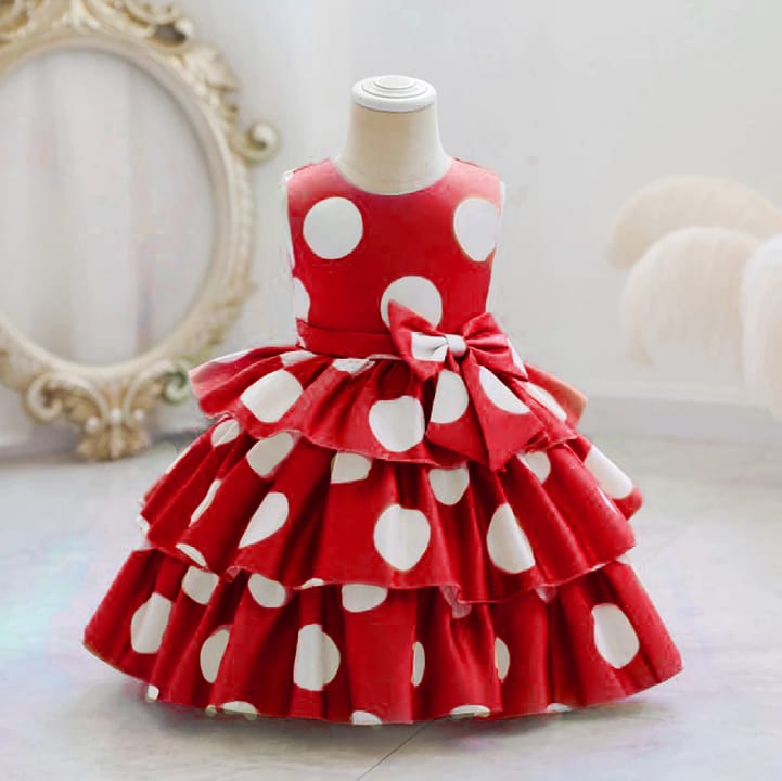 Baby Girls Red Polka Dot Party Dress with Bow | Layered Ruffle Princess Frock – Stylish Birthday Outfit | UrbanVastra