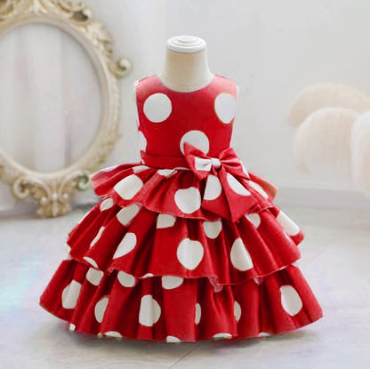 Baby Girls Red Polka Dot Party Dress with Bow | Layered Ruffle Princess Frock – Stylish Birthday Outfit | UrbanVastra
