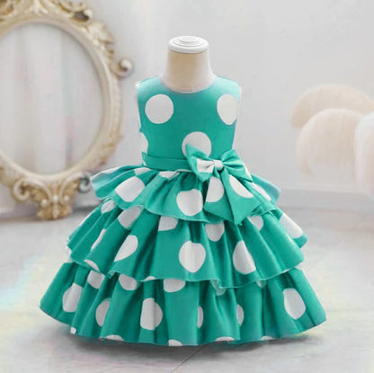 Baby Girls Mint Green Polka Dot Party Dress with Bow | Layered Ruffle Princess Frock – Stylish Birthday Outfit | UrbanVastra