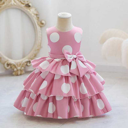 Baby Girls Pink Polka Dot Party Dress with Bow | Layered Ruffle Princess Frock – Stylish Birthday Outfit | UrbanVastra