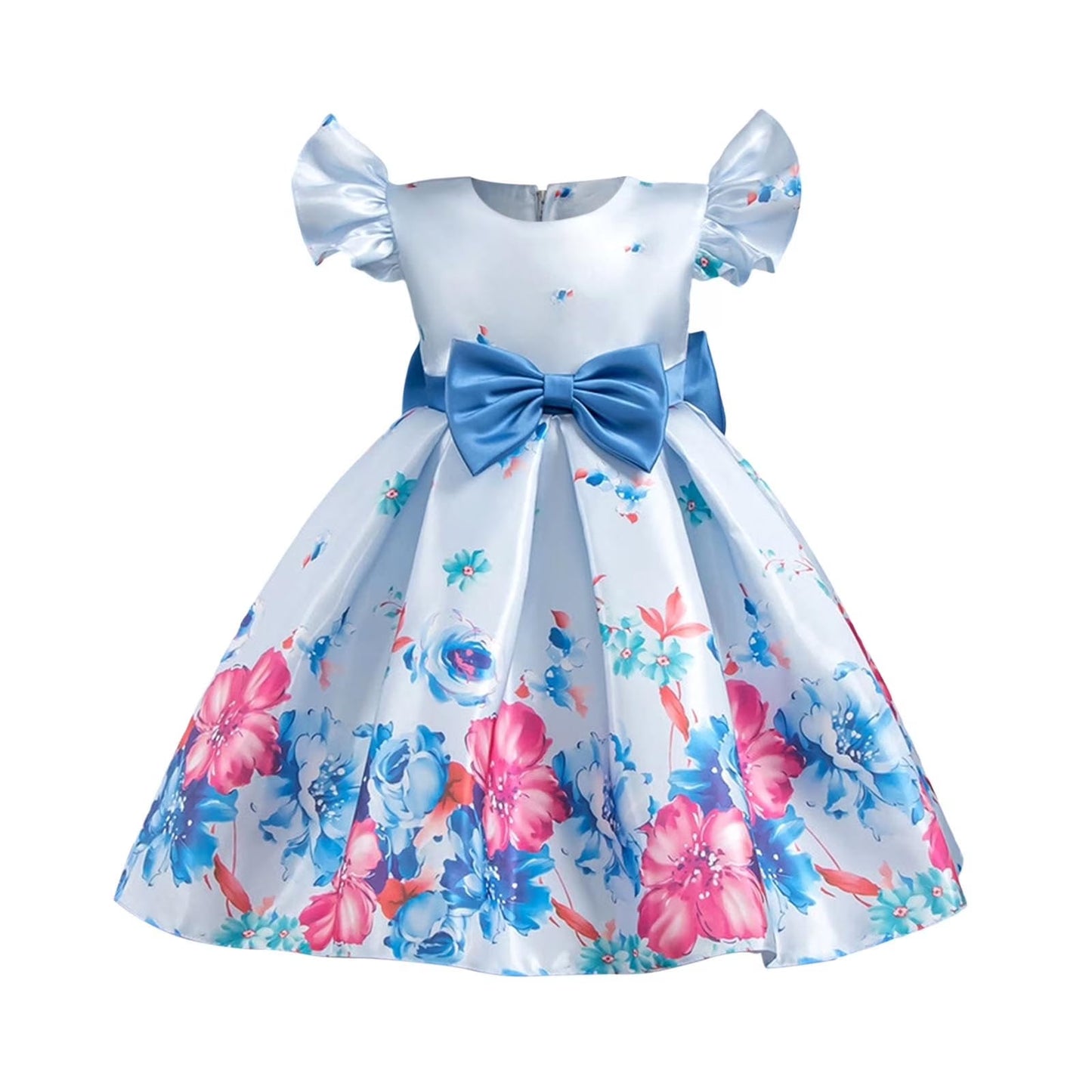 Baby Girls Blue Floral Party Dress with Bow | Elegant Princess Frock – Lightweight & Stylish