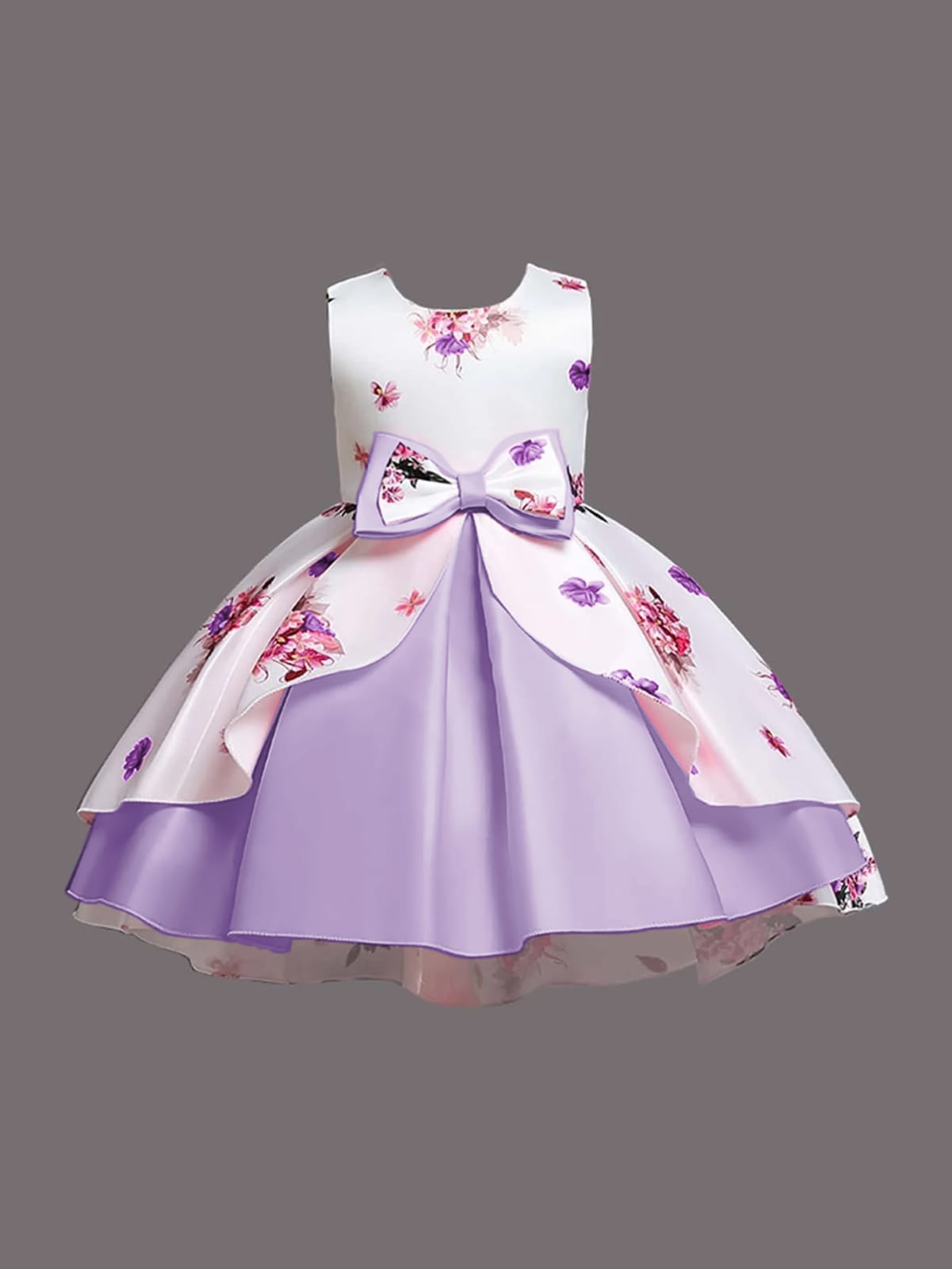 Baby Girls Lavender Floral Princess Dress with Bow | Elegant Party Wear Frock – Stylish & Lightweight